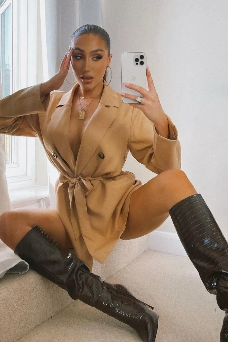 Camel Double Breasted Belted Blazer Jacket