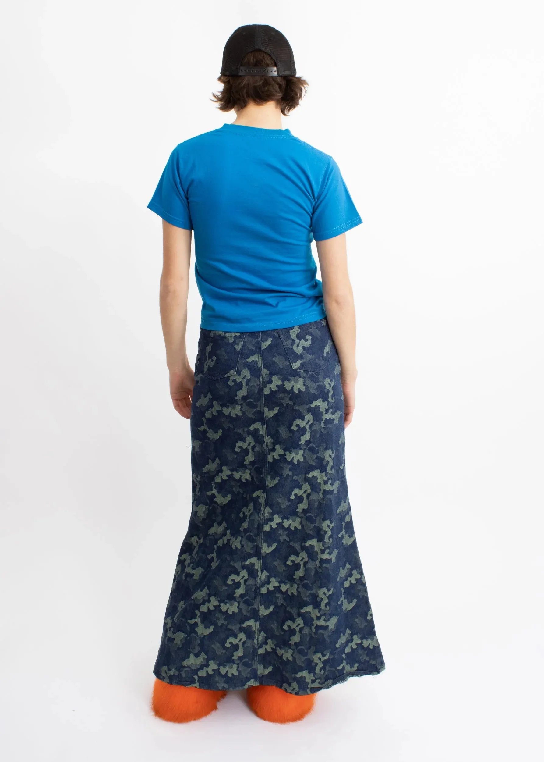 Camo print stretch denim maxi skirt