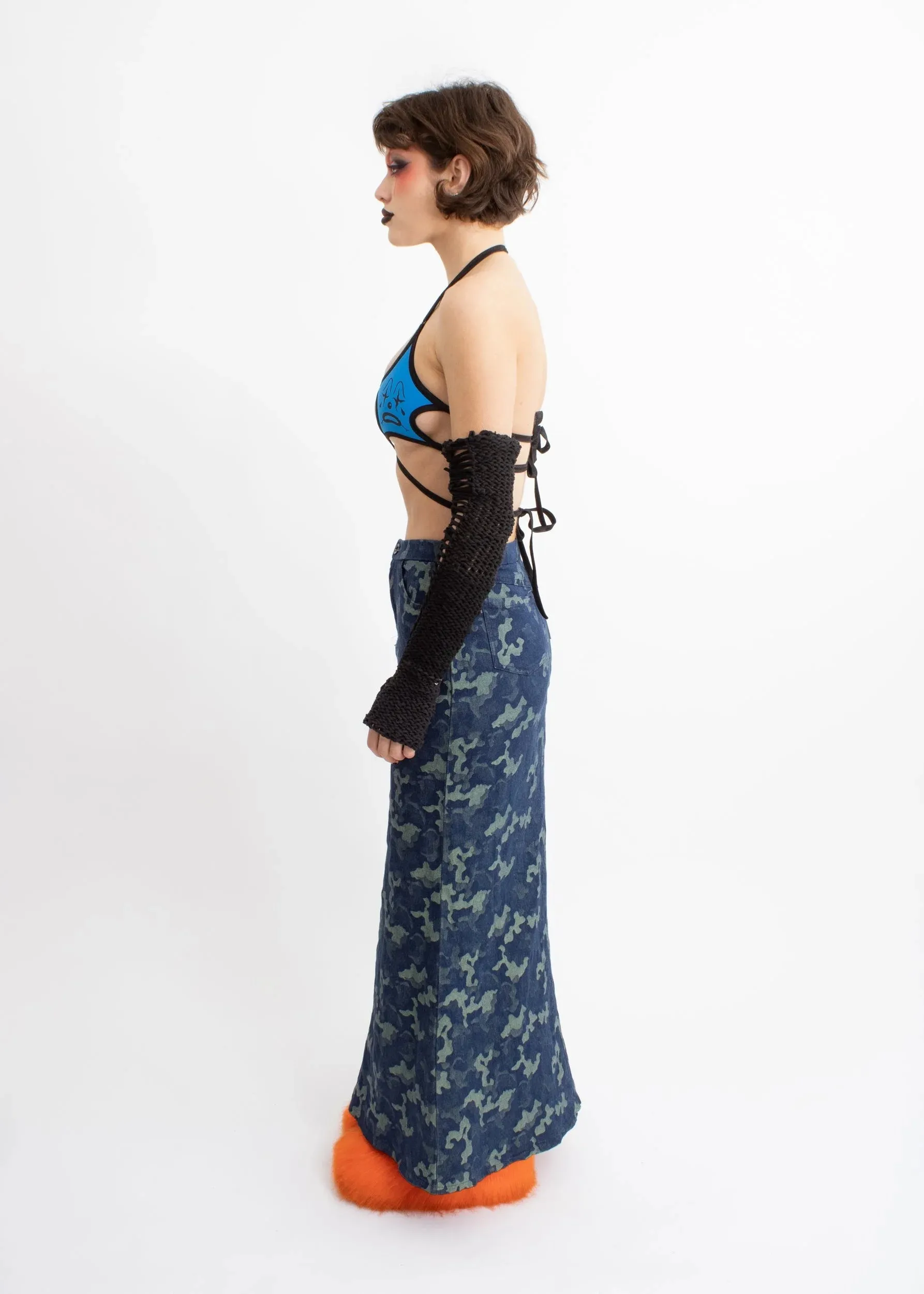 Camo print stretch denim maxi skirt