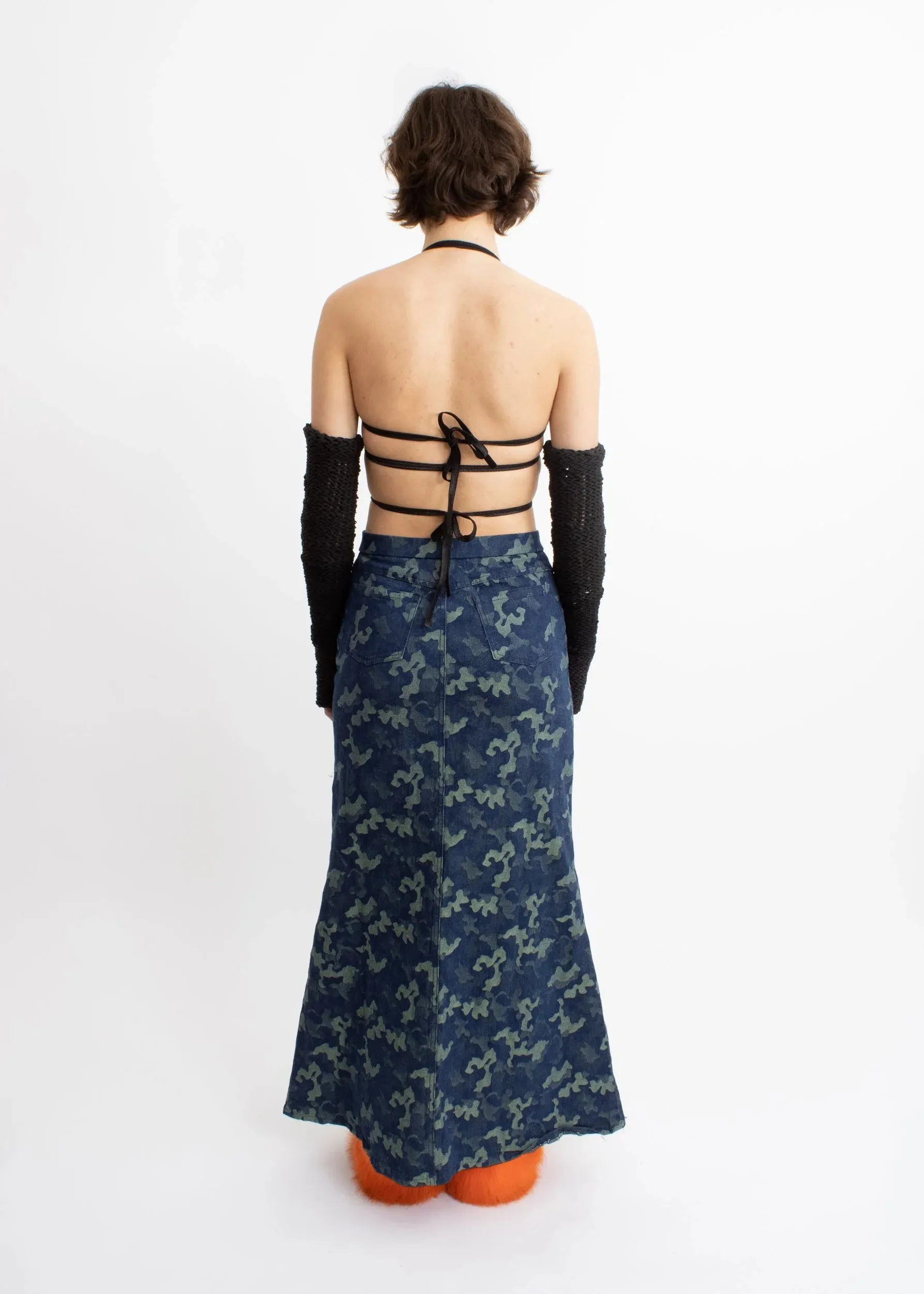 Camo print stretch denim maxi skirt