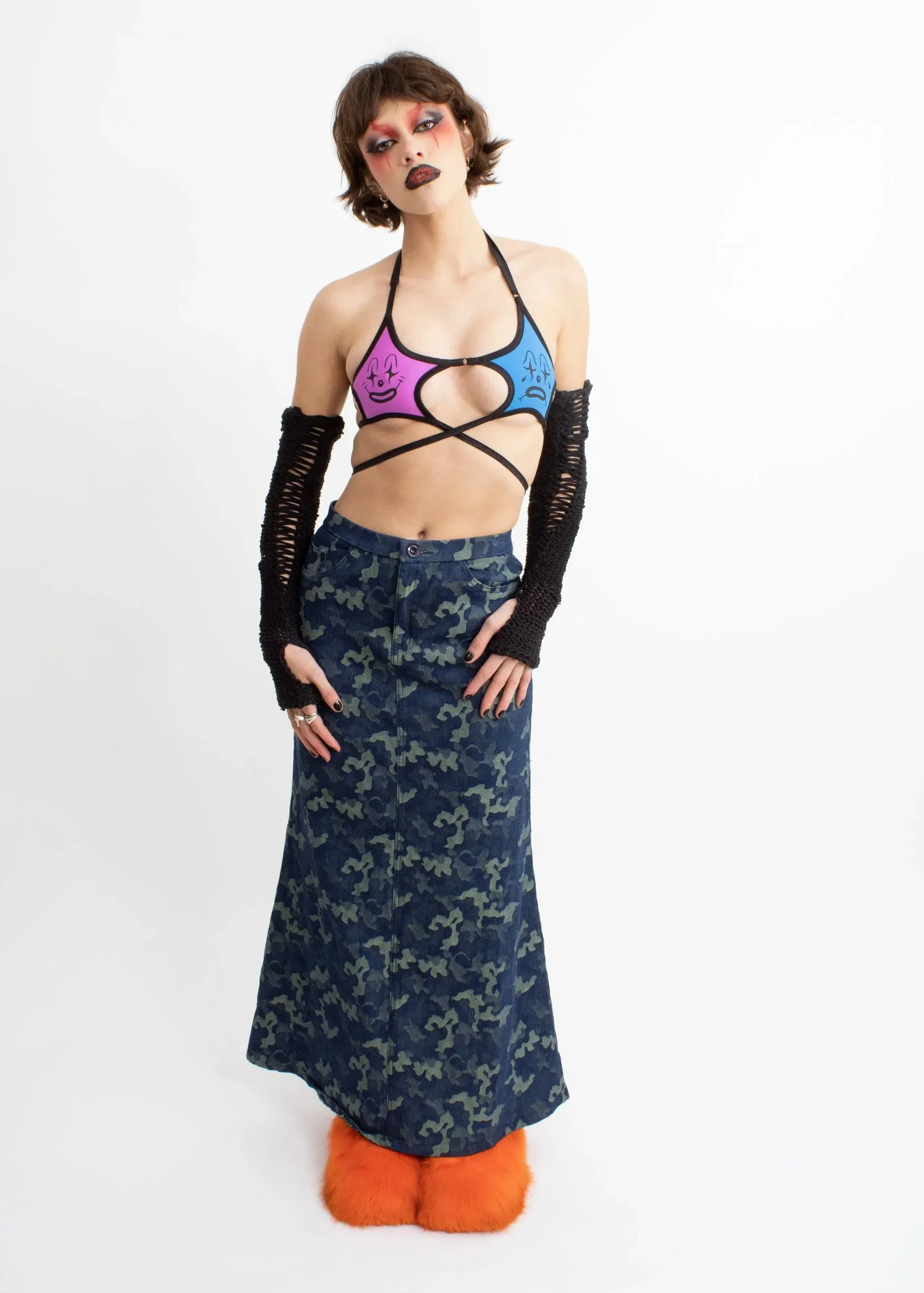 Camo print stretch denim maxi skirt
