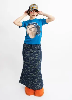 Camo print stretch denim maxi skirt
