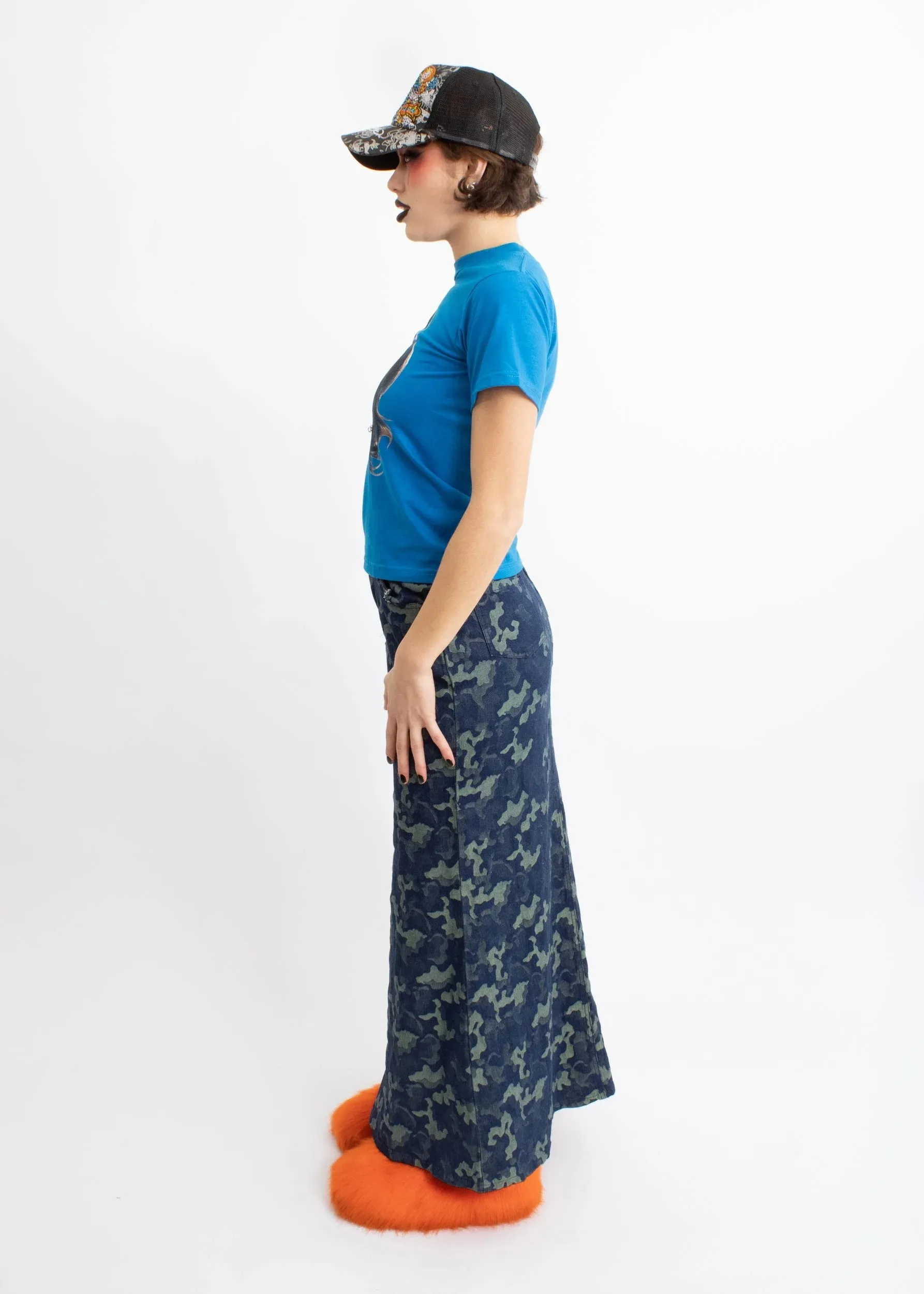 Camo print stretch denim maxi skirt