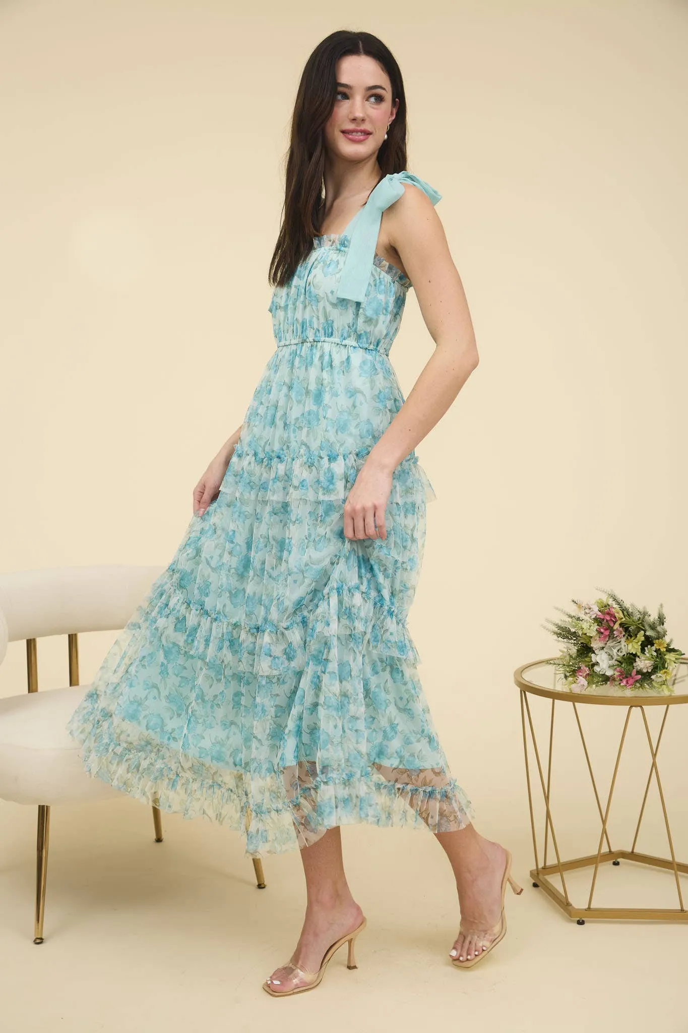 Carma- FLORAL TIE STRAP RUFFLE TRIM TIERED MAXI DRESS