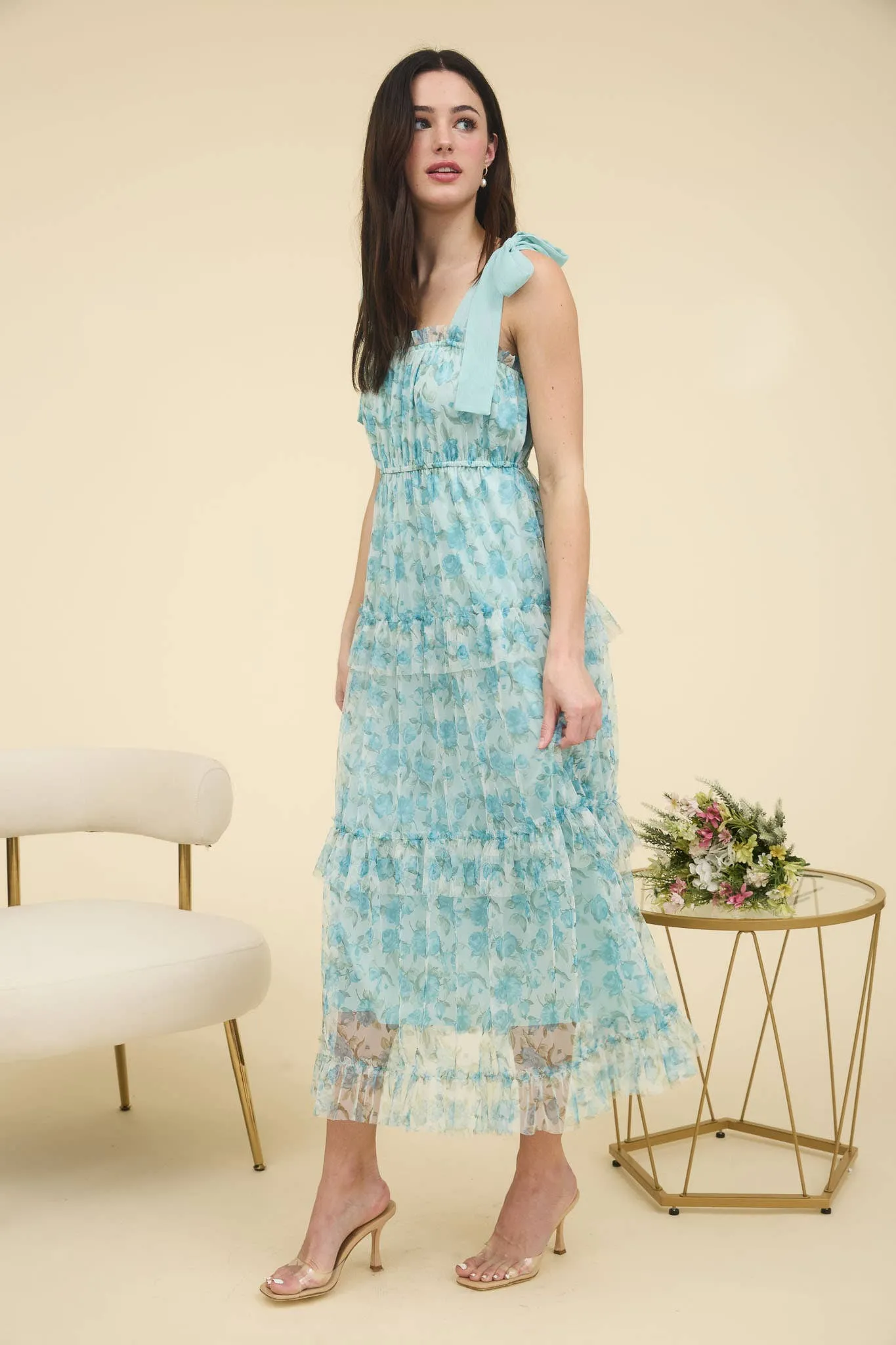 Carma- FLORAL TIE STRAP RUFFLE TRIM TIERED MAXI DRESS