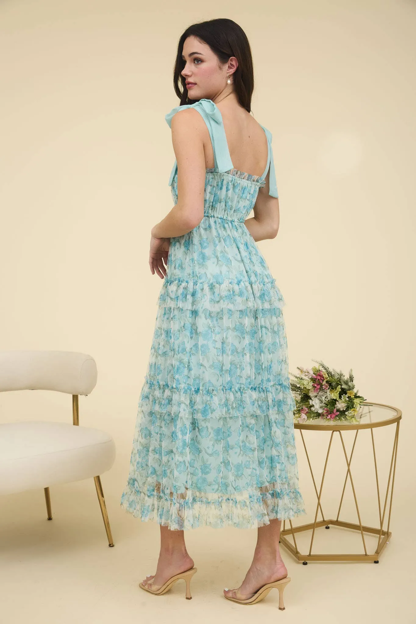 Carma- FLORAL TIE STRAP RUFFLE TRIM TIERED MAXI DRESS