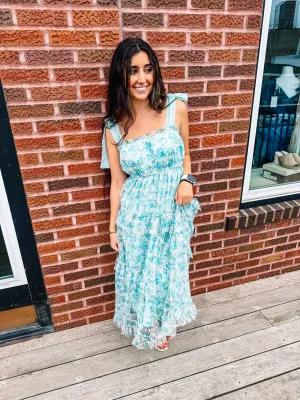 Carma- FLORAL TIE STRAP RUFFLE TRIM TIERED MAXI DRESS