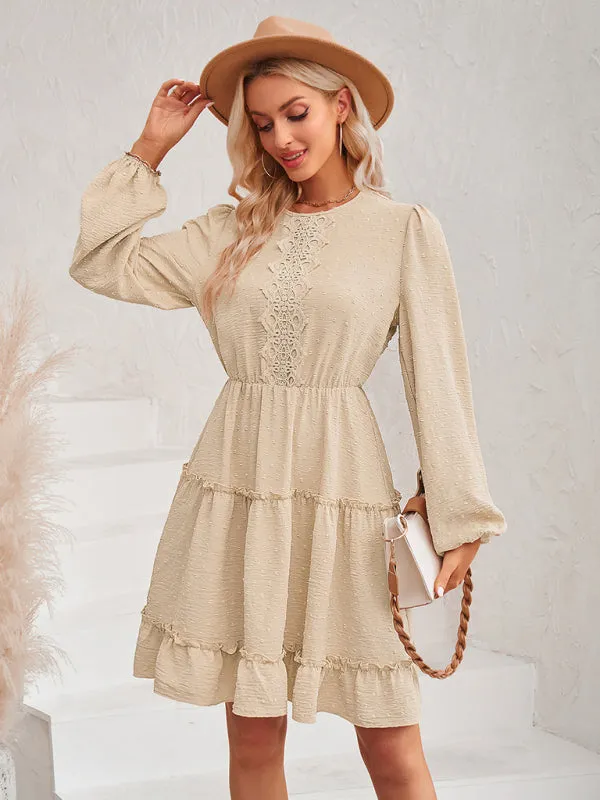 Casual Lace Round Neck Dress with Tiered Ruffle Skirt