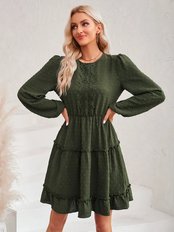 Casual Lace Round Neck Dress with Tiered Ruffle Skirt