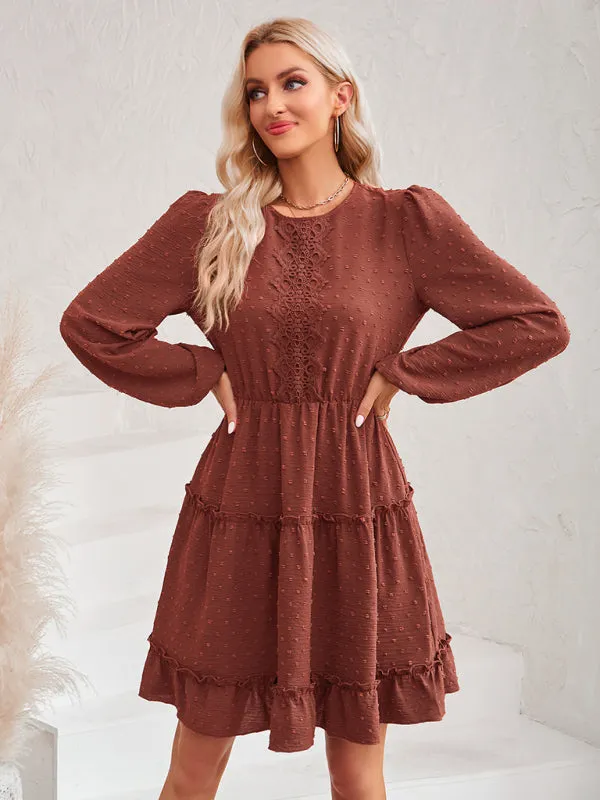 Casual Lace Round Neck Dress with Tiered Ruffle Skirt