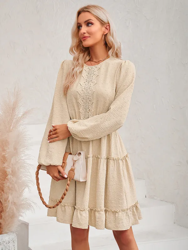 Casual Lace Round Neck Dress with Tiered Ruffle Skirt