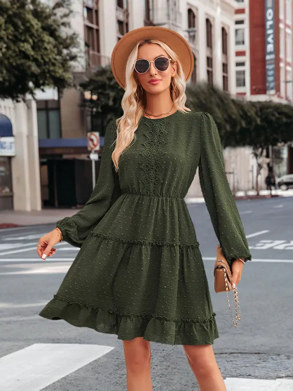 Casual Lace Round Neck Dress with Tiered Ruffle Skirt
