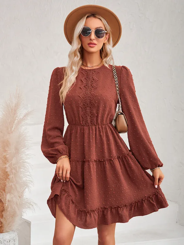 Casual Lace Round Neck Dress with Tiered Ruffle Skirt