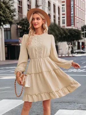 Casual Lace Round Neck Dress with Tiered Ruffle Skirt
