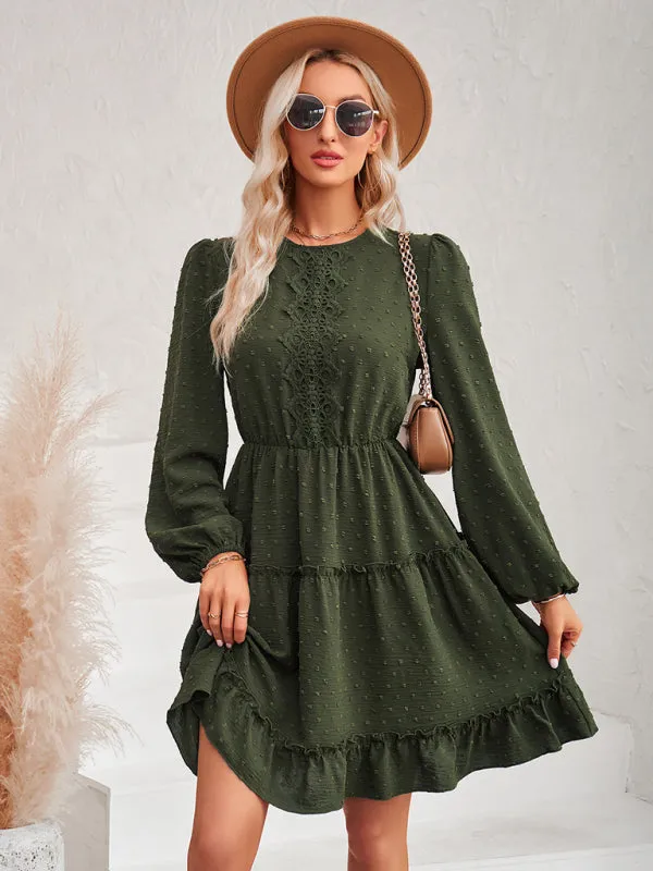 Casual Lace Round Neck Dress with Tiered Ruffle Skirt