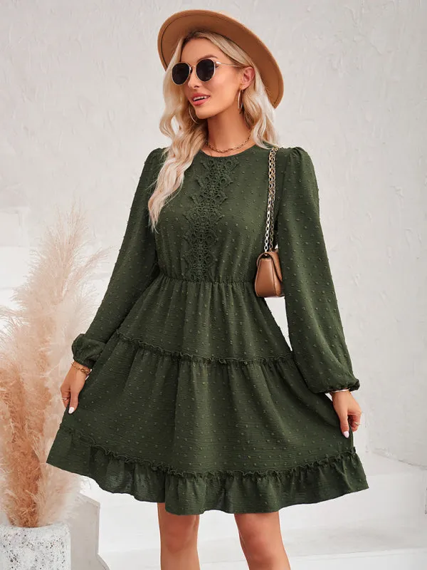 Casual Lace Round Neck Dress with Tiered Ruffle Skirt