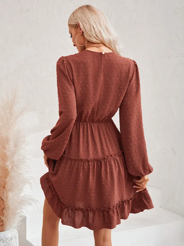 Casual Lace Round Neck Dress with Tiered Ruffle Skirt