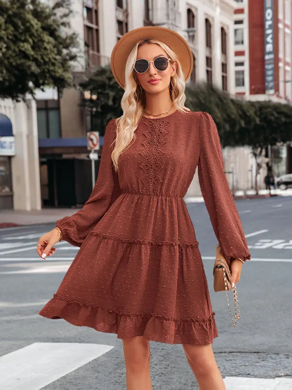 Casual Lace Round Neck Dress with Tiered Ruffle Skirt