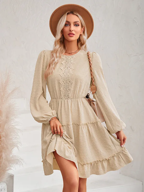 Casual Lace Round Neck Dress with Tiered Ruffle Skirt