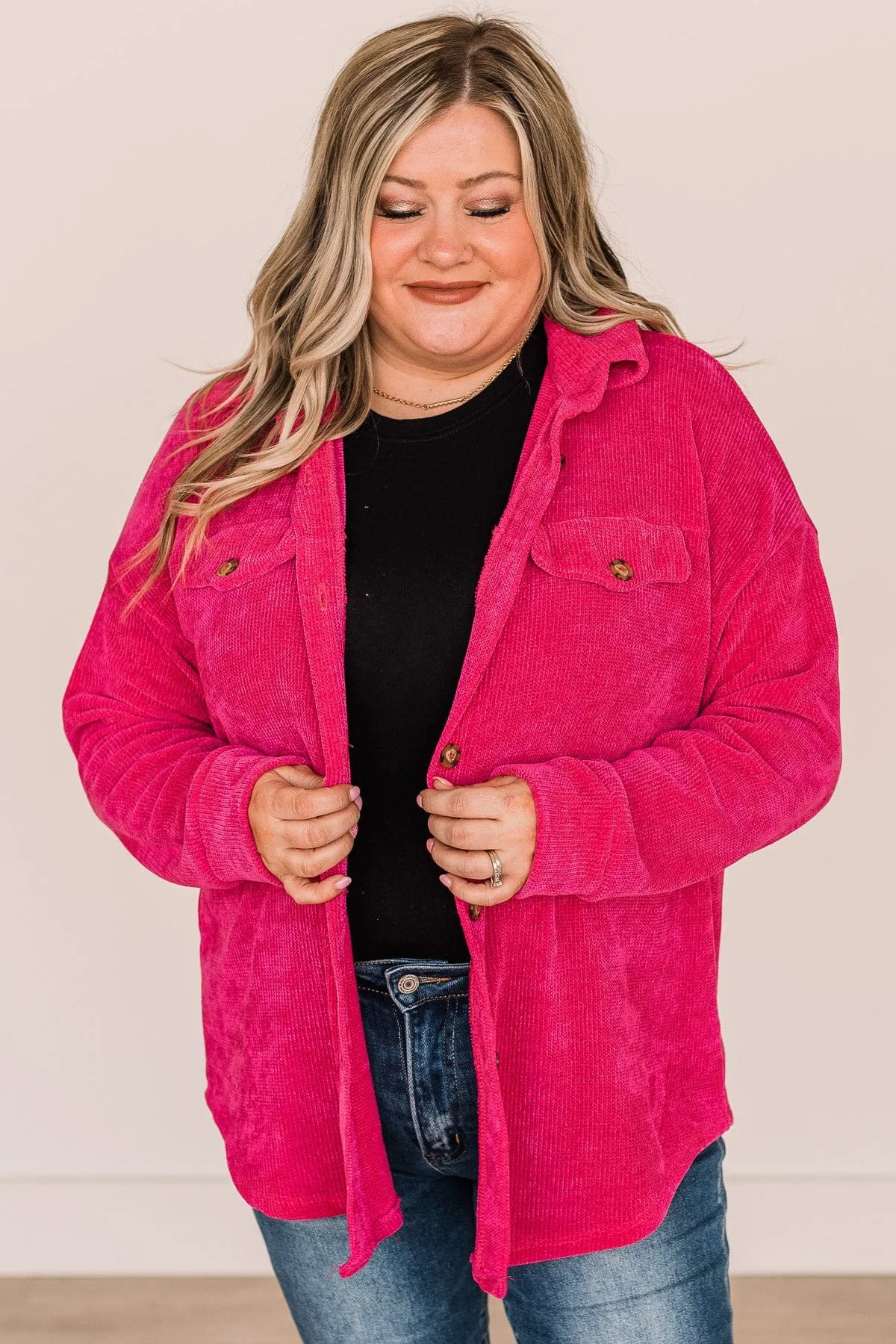 Cause For Applause Knit Button Top- Fuchsia
