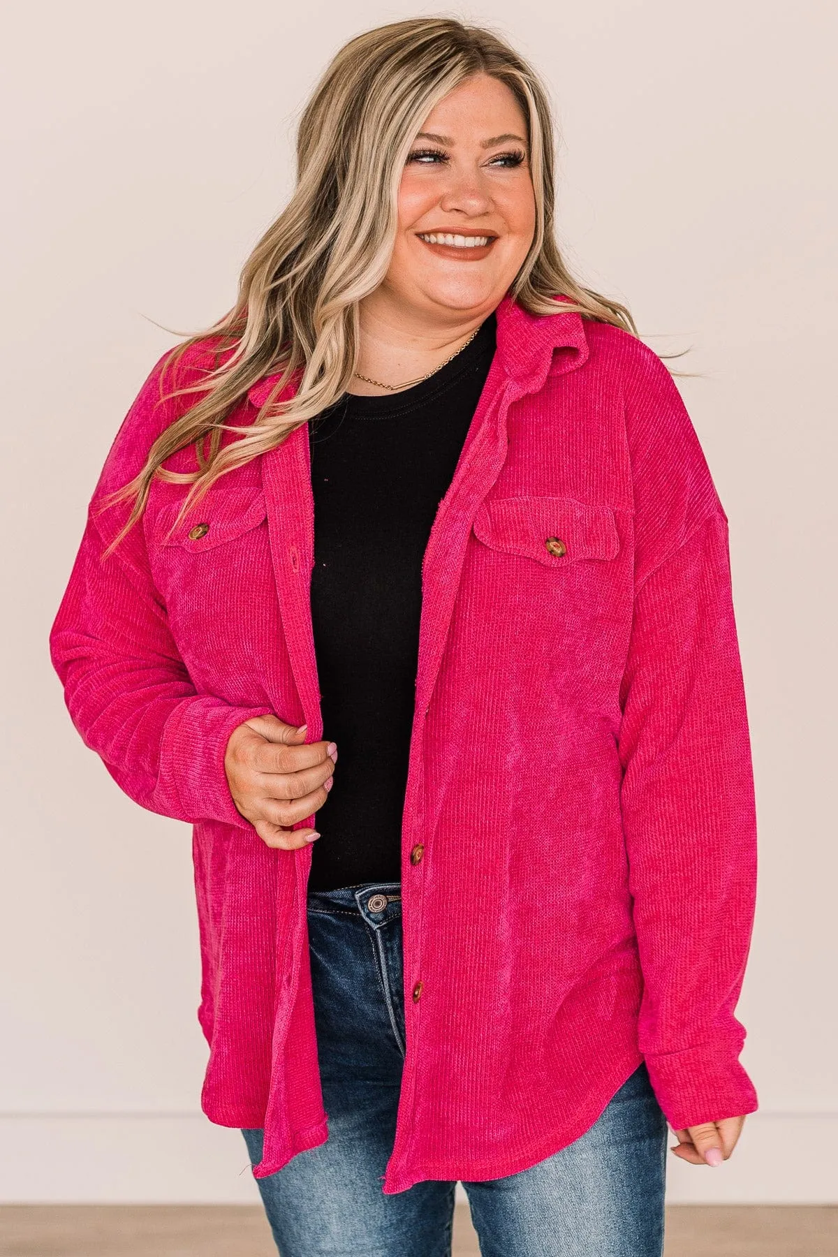 Cause For Applause Knit Button Top- Fuchsia