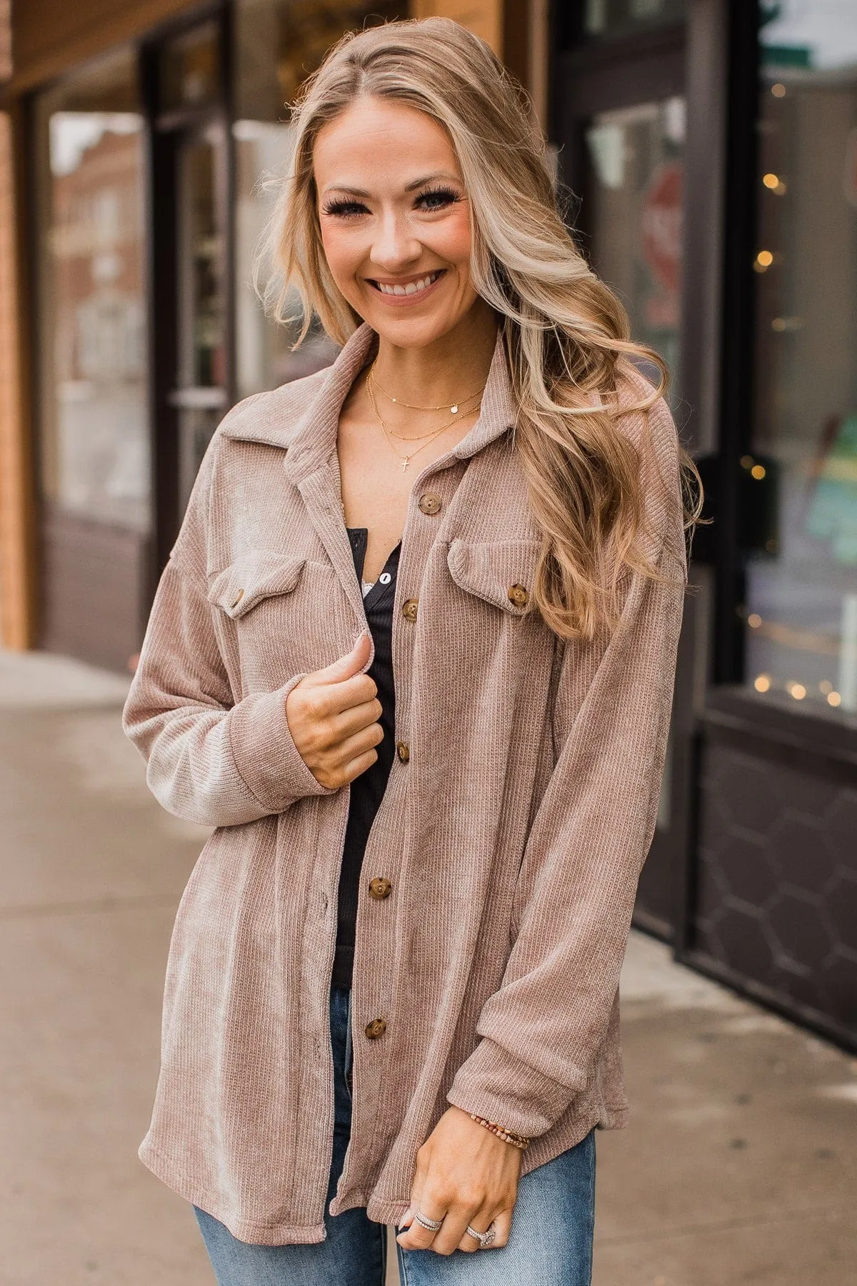 Cause For Applause Knit Button Top- Light Mocha