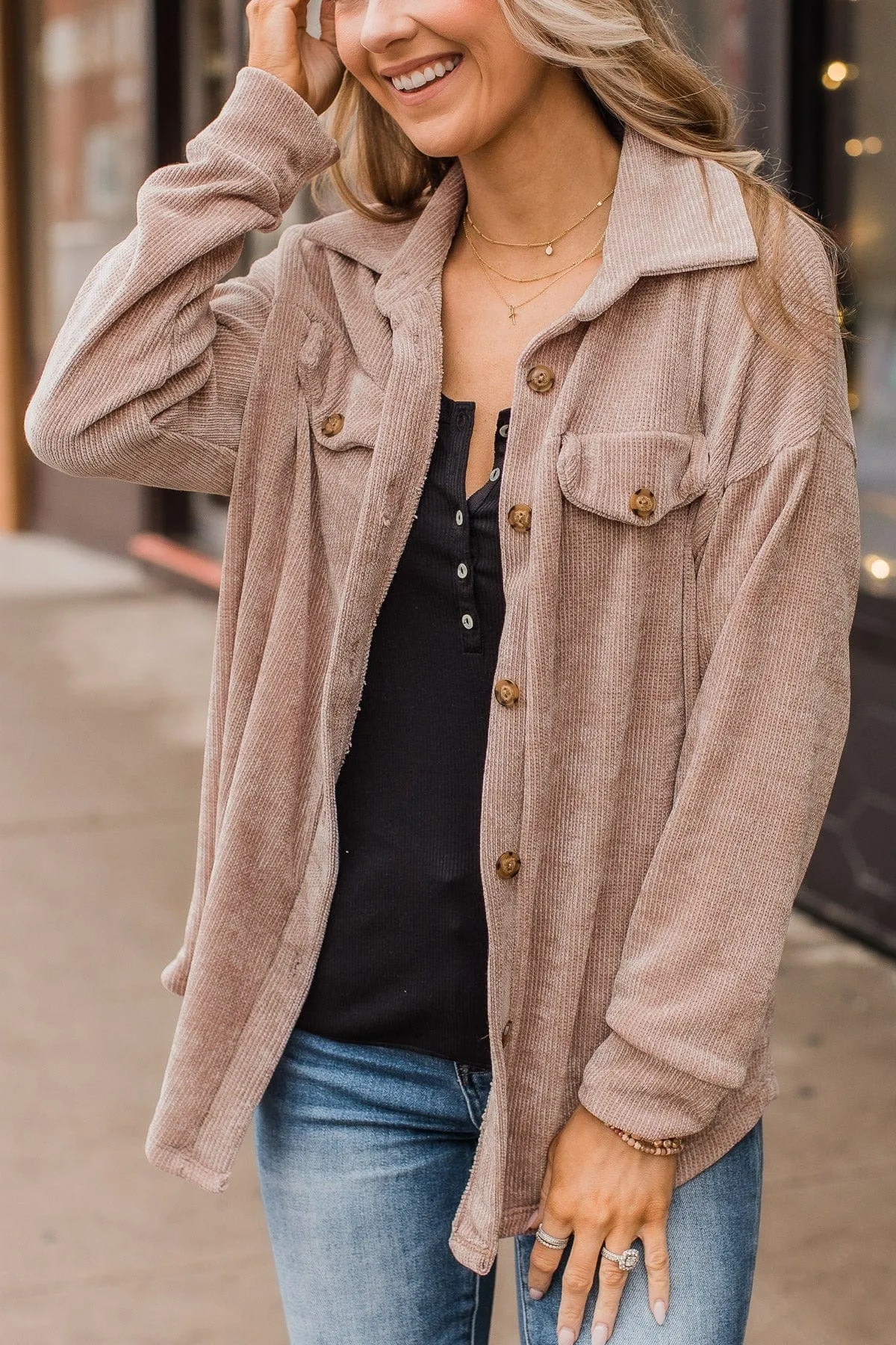 Cause For Applause Knit Button Top- Light Mocha