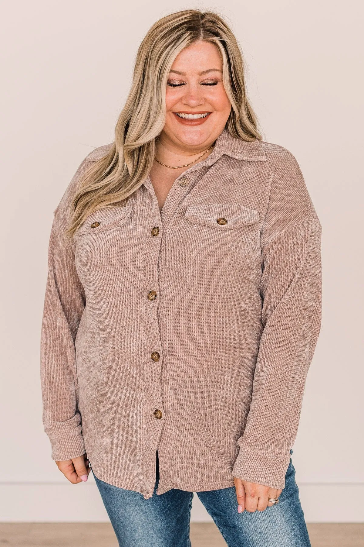 Cause For Applause Knit Button Top- Light Mocha