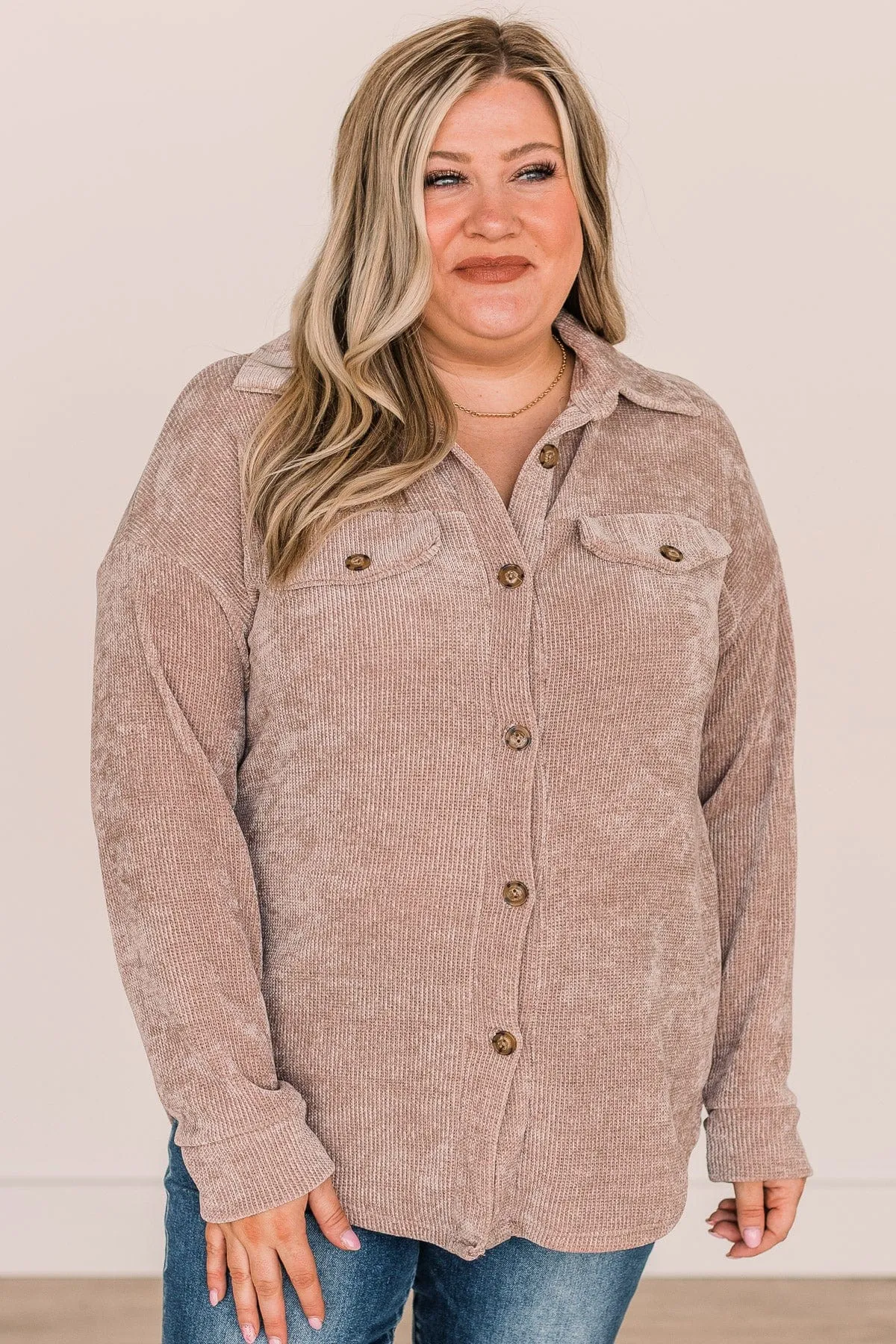 Cause For Applause Knit Button Top- Light Mocha