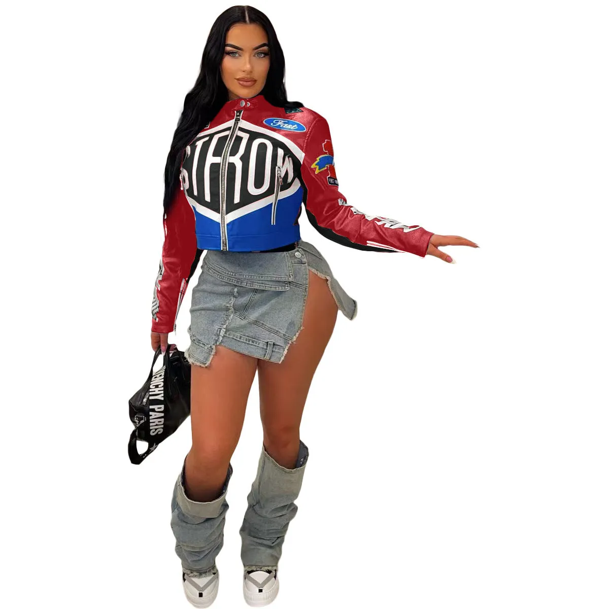 Chic High Street Print Stand Collar Short Zipper Jacket for Trendsetters
