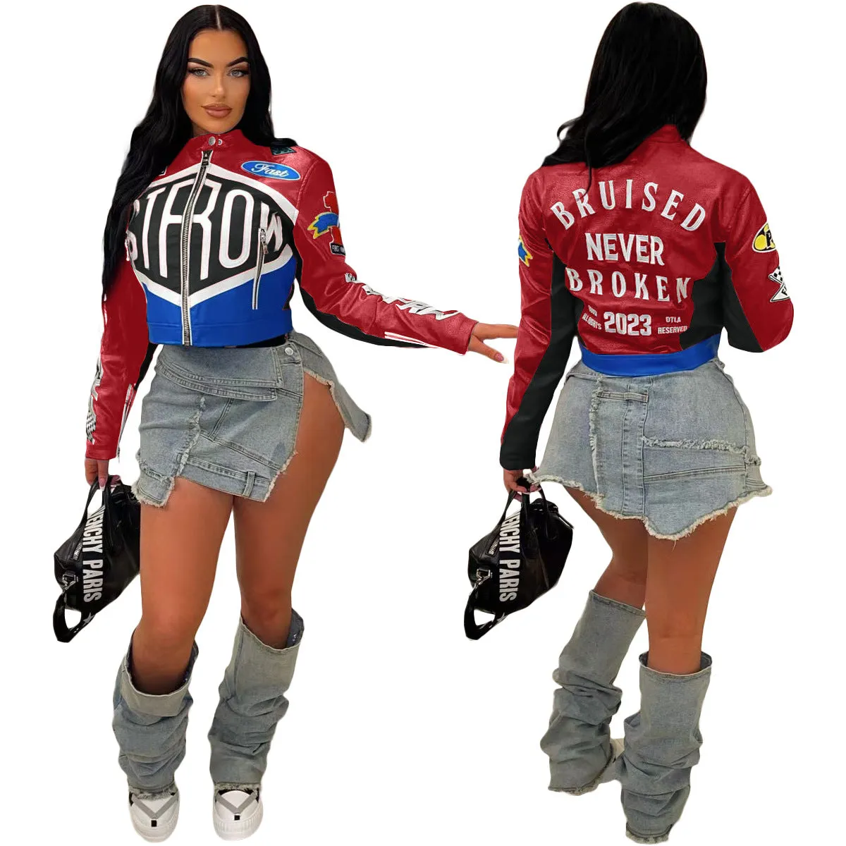 Chic High Street Print Stand Collar Short Zipper Jacket for Trendsetters