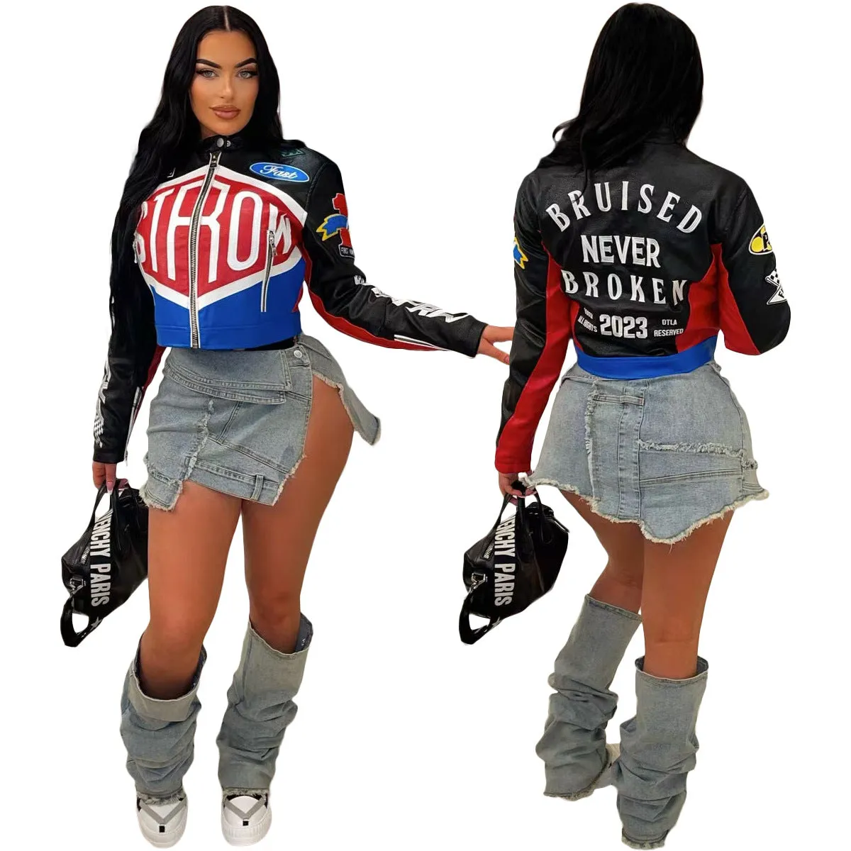 Chic High Street Print Stand Collar Short Zipper Jacket for Trendsetters