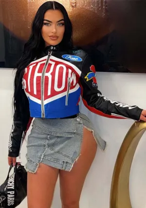 Chic High Street Print Stand Collar Short Zipper Jacket for Trendsetters