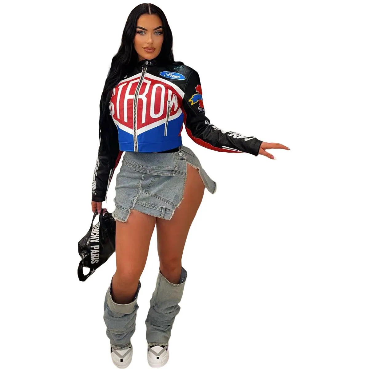 Chic High Street Print Stand Collar Short Zipper Jacket for Trendsetters