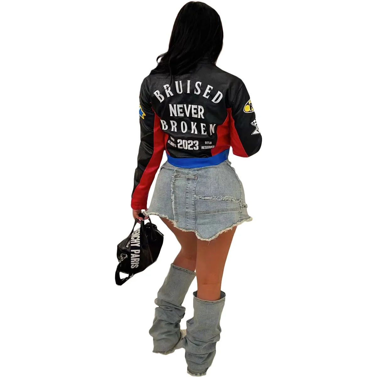 Chic High Street Print Stand Collar Short Zipper Jacket for Trendsetters