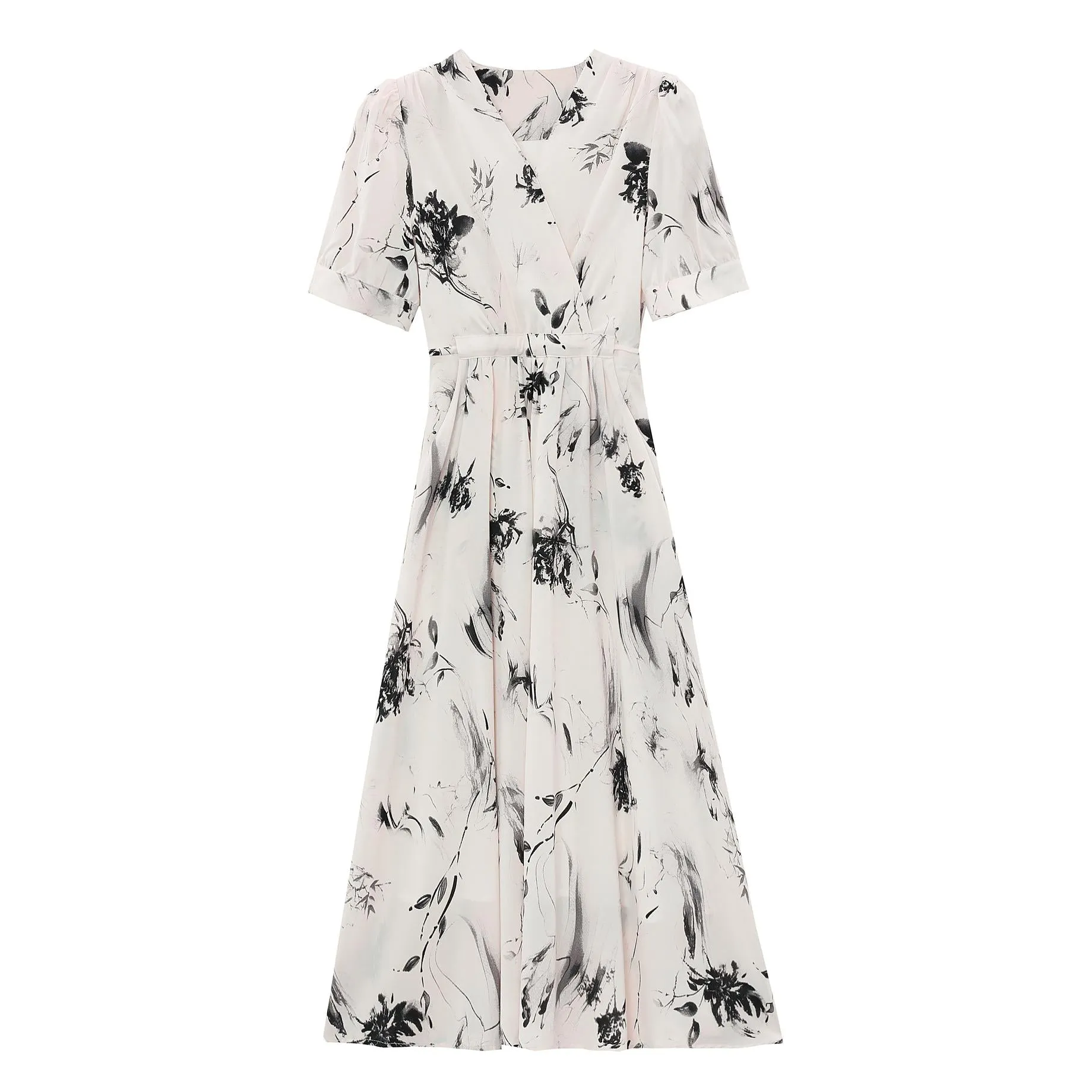 Chic Women's Summer Summer Frock Featuring a Wrap Neckline and Mid-Length Style