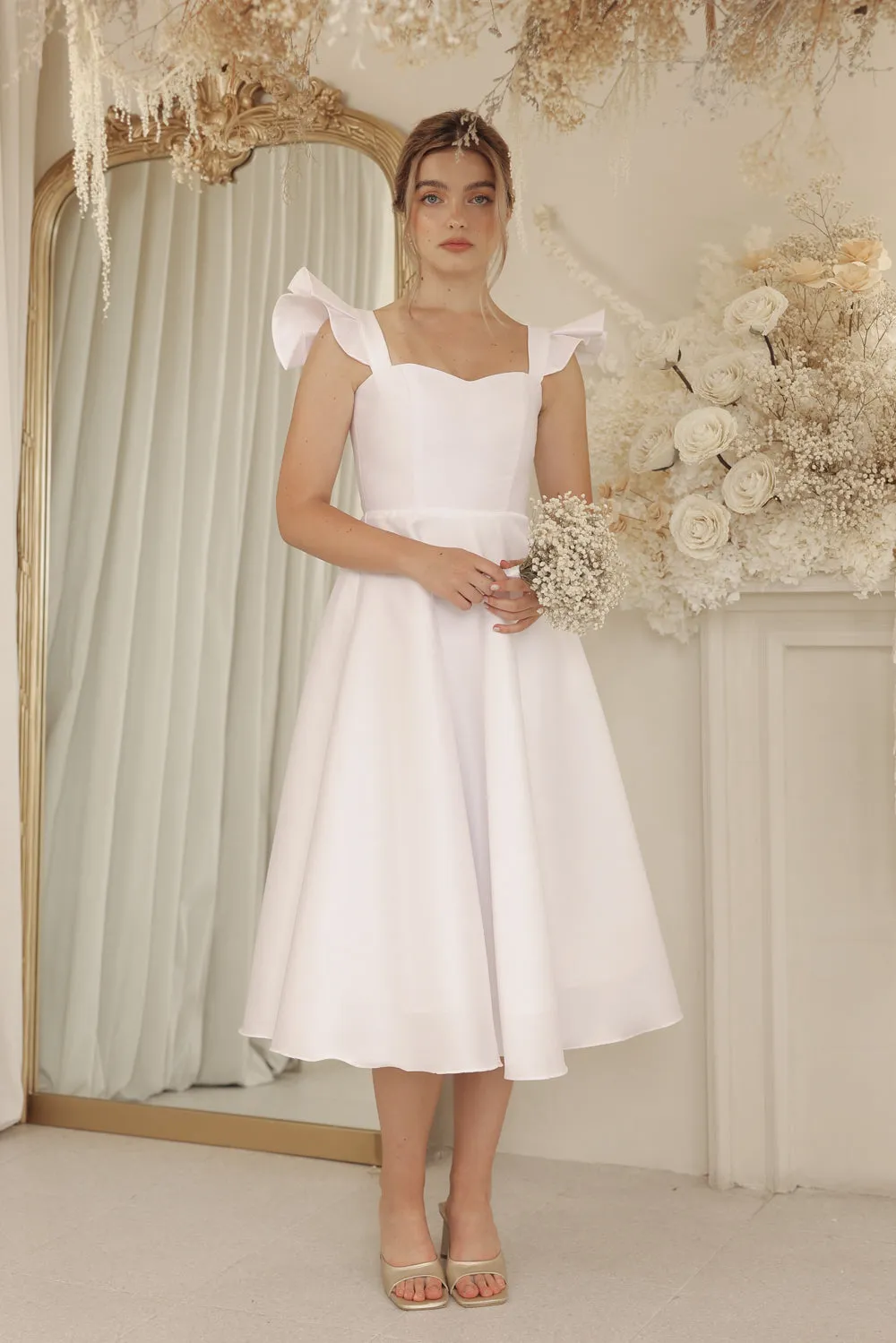 CLAUDE Ruffle Sleeve Mid Length Gown with Lace Up Back Detail (Ivory White Gazaar)