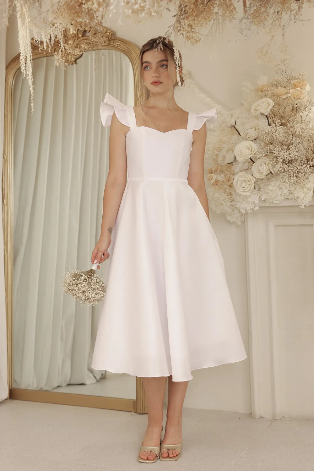 CLAUDE Ruffle Sleeve Mid Length Gown with Lace Up Back Detail (Ivory White Gazaar)