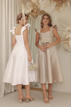 CLAUDE Ruffle Sleeve Mid Length Gown with Lace Up Back Detail (Ivory White Gazaar)