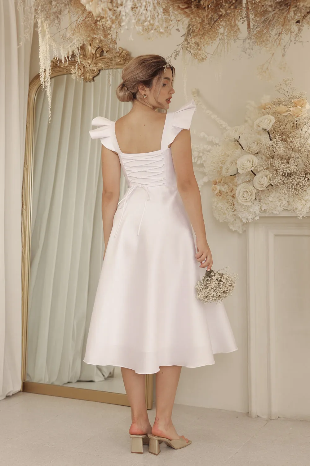 CLAUDE Ruffle Sleeve Mid Length Gown with Lace Up Back Detail (Ivory White Gazaar)