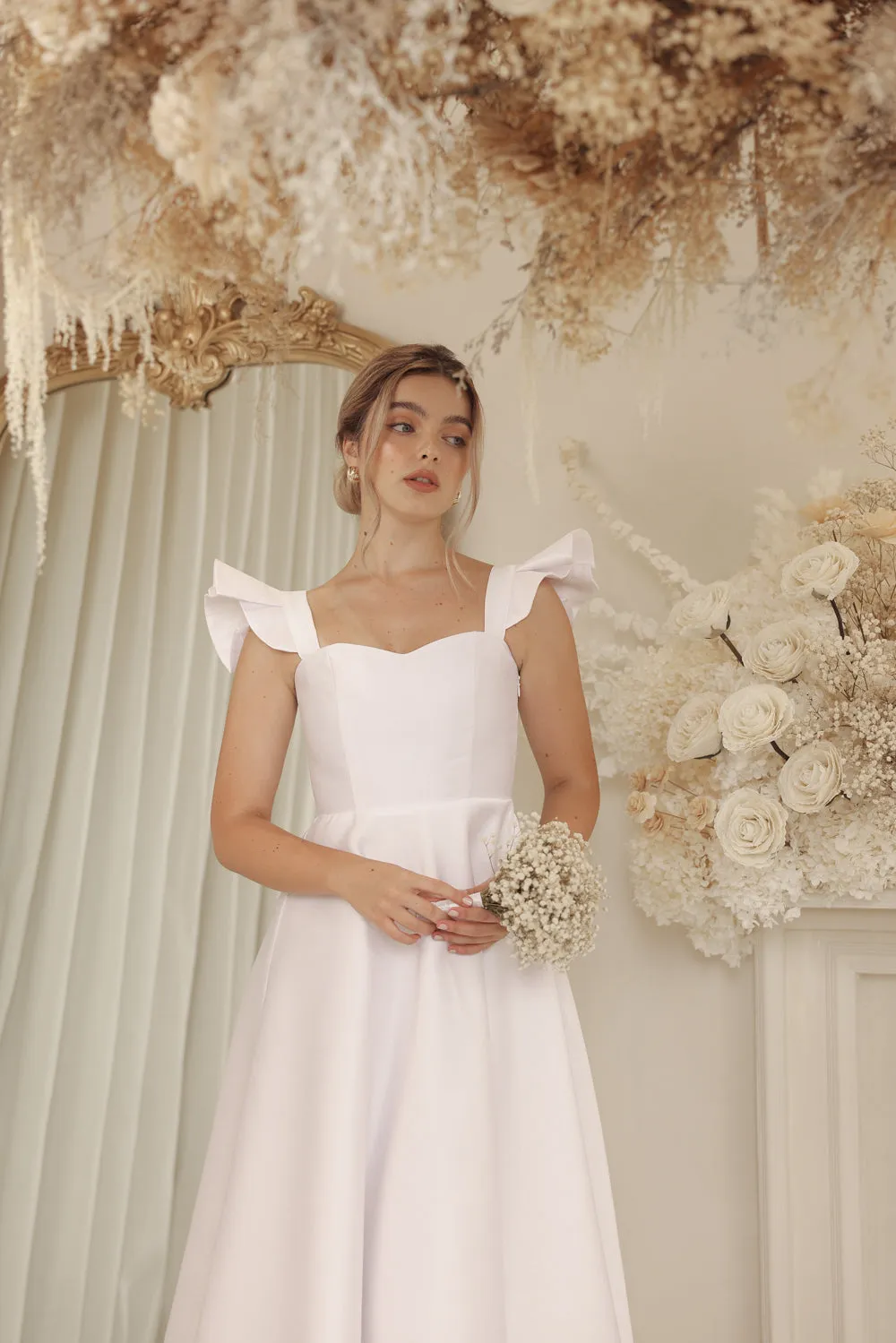 CLAUDE Ruffle Sleeve Mid Length Gown with Lace Up Back Detail (Ivory White Gazaar)