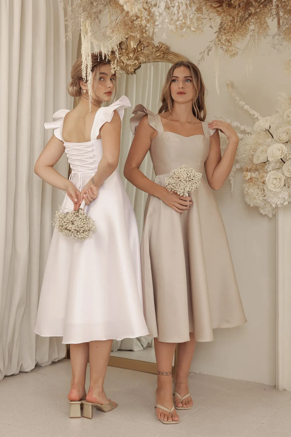 CLAUDE Ruffle Sleeve Mid Length Gown with Lace Up Back Detail (Ivory White Gazaar)