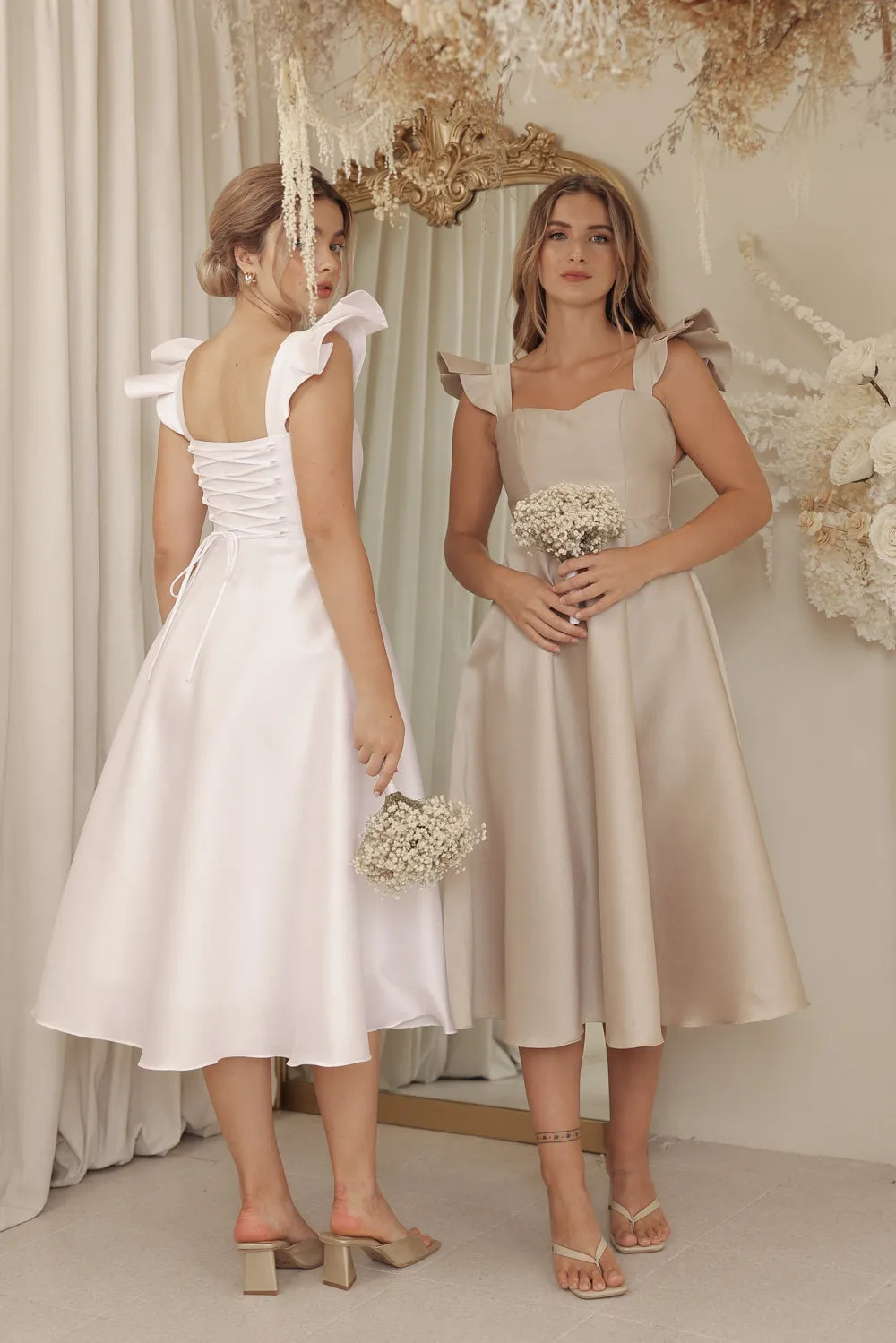 CLAUDE Ruffle Sleeve Mid Length Gown with Lace Up Back Detail (Ivory White Gazaar)
