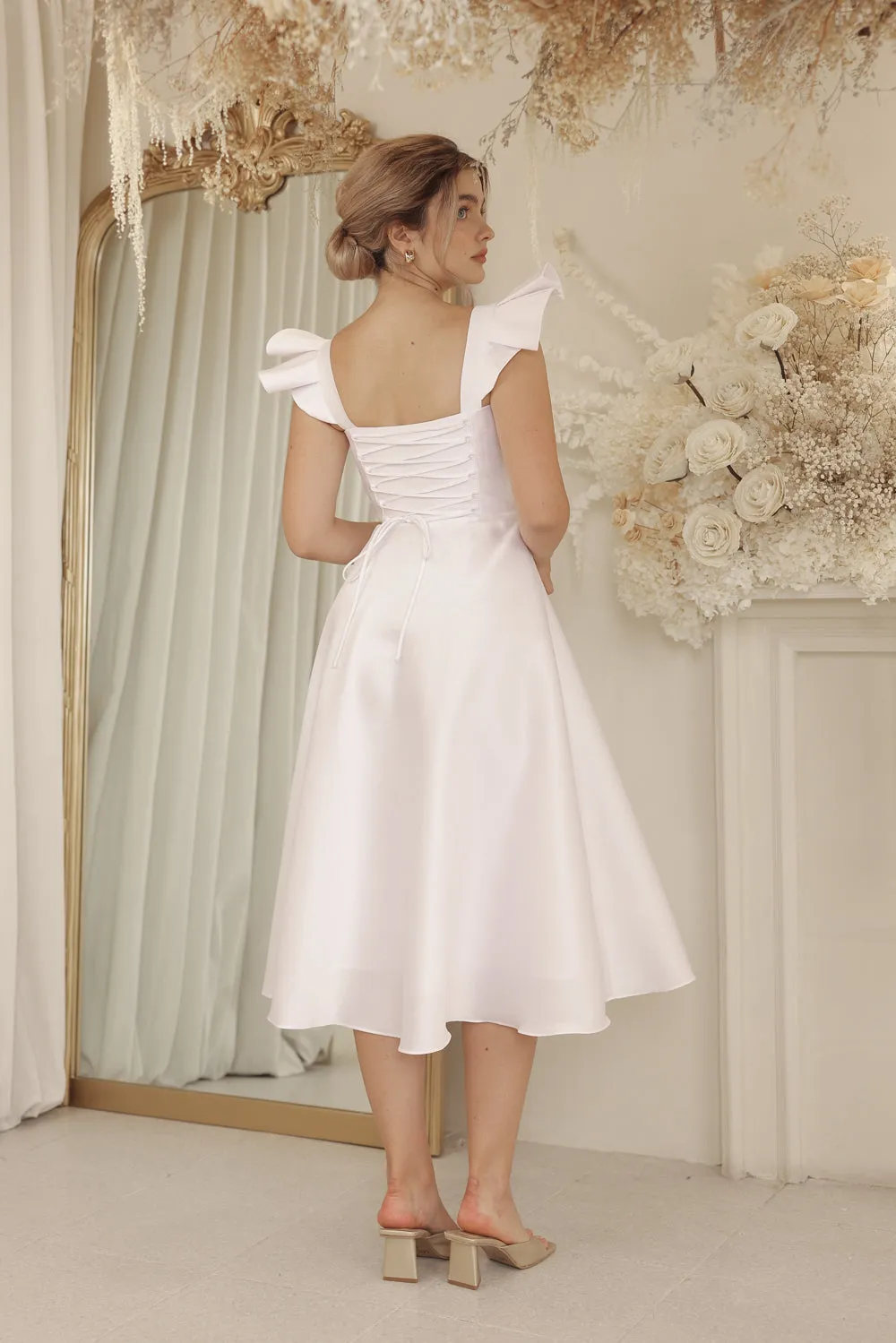 CLAUDE Ruffle Sleeve Mid Length Gown with Lace Up Back Detail (Ivory White Gazaar)