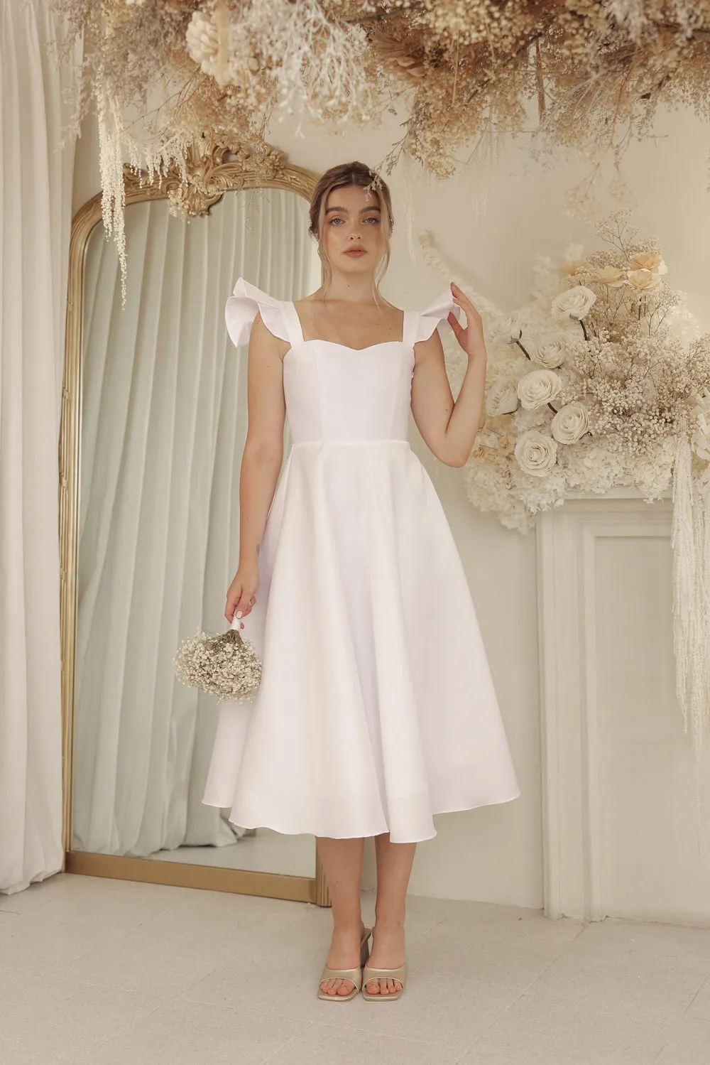 CLAUDE Ruffle Sleeve Mid Length Gown with Lace Up Back Detail (Ivory White Gazaar)