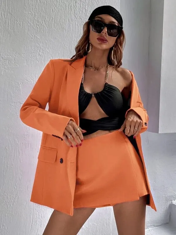 CM-CS140042 Women Elegant Seoul Style Flap Detail Double Breasted Lapel Neck Blazer - Orange