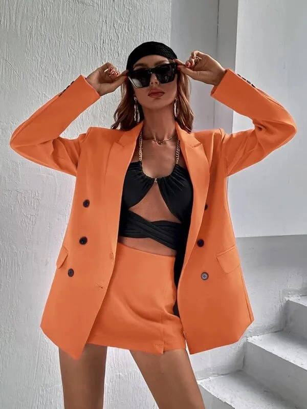 CM-CS140042 Women Elegant Seoul Style Flap Detail Double Breasted Lapel Neck Blazer - Orange