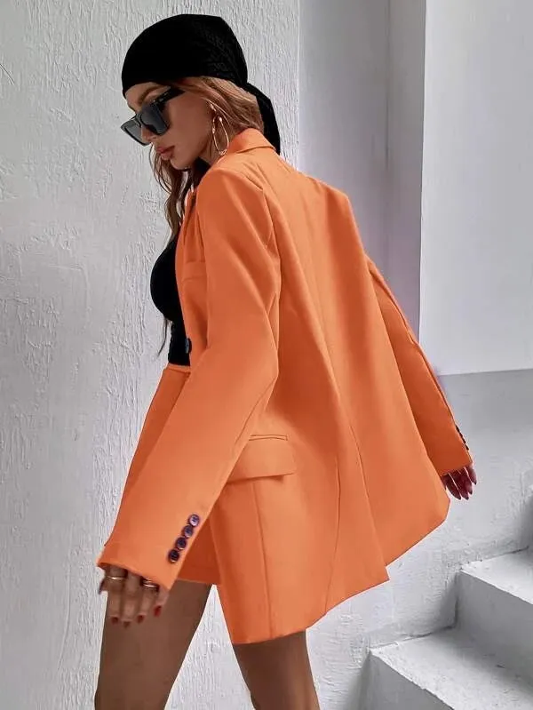 CM-CS140042 Women Elegant Seoul Style Flap Detail Double Breasted Lapel Neck Blazer - Orange