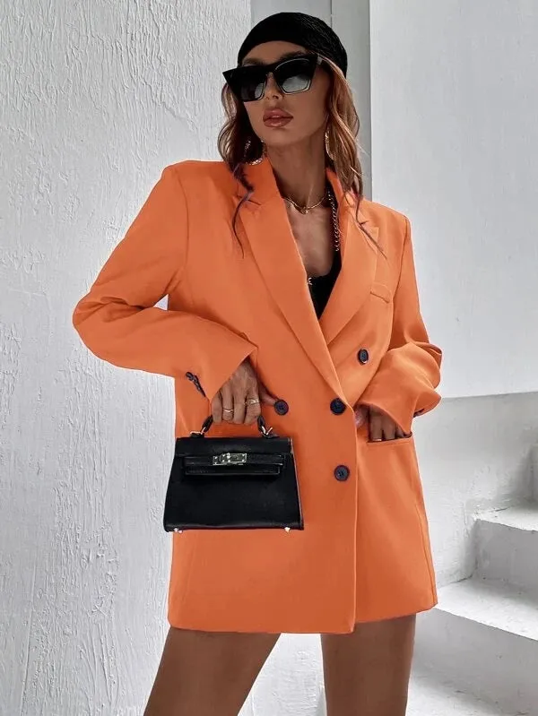 CM-CS140042 Women Elegant Seoul Style Flap Detail Double Breasted Lapel Neck Blazer - Orange