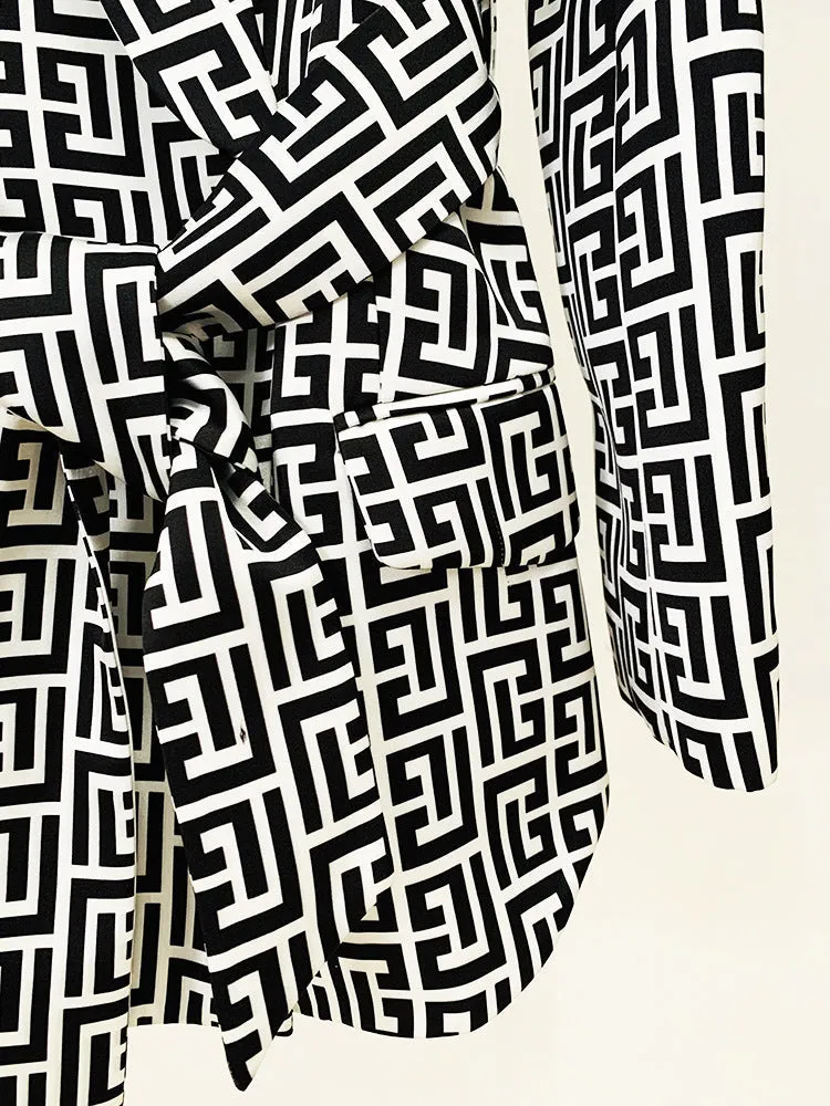 Collar Blazers Belt Maze Prints Double Breasted Mid Length Green Fruit